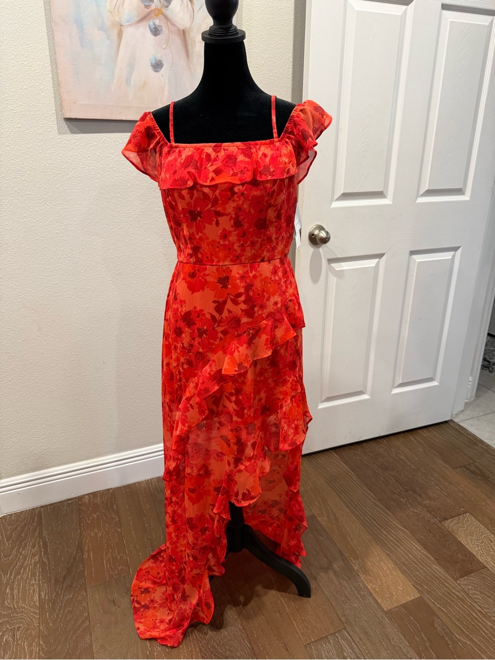 I.N. San Francisco Red Floral Ruffle Midi Dress